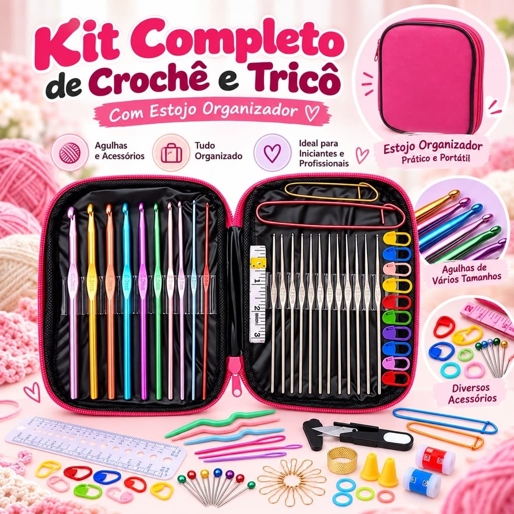 Kit Crochê 127 Peças Completo Agulhas Cabo Macio Acessórios Tesoura Estojo Para Iniciantes Amigurumi Tricô Manual