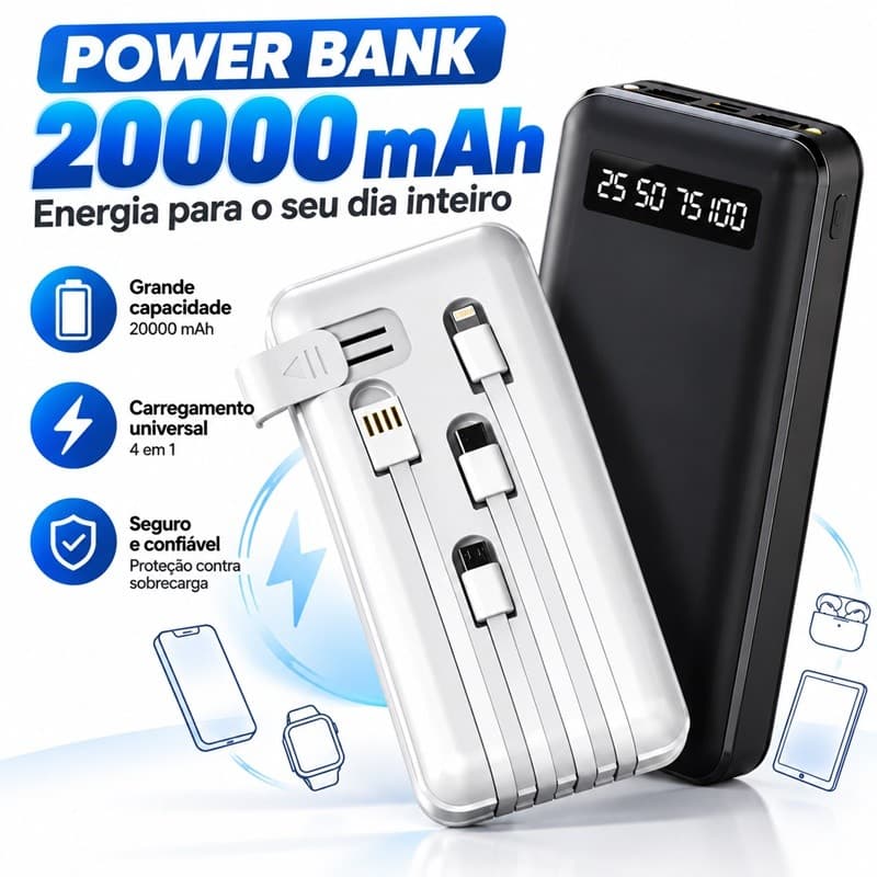 Carregador Power Bank Portátil de celular 20000mah Universal Saida USB 4 Cabos, Carregamento seguro e rápido