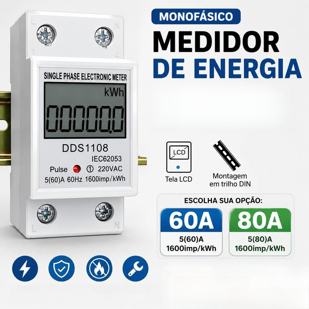 Medidor Consumo de Energia Monofásico Com LCD Display Digital 60A/80A