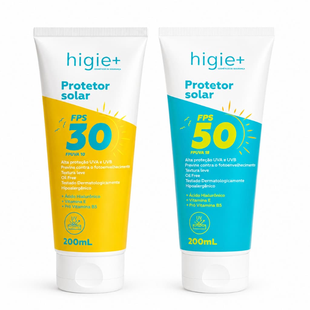 Protetor Solar FPS 30 OU FPS 50 200ml HIGIE+ | Protetor Solar Corpo | Potetor Solar Facial e Corporal