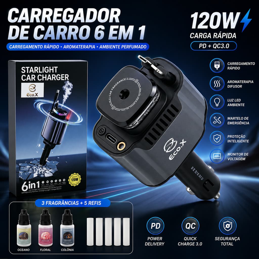 Carregador Veicular 6 em 1 PD120W Turbo com Aromatizador Difusor USB-C Carga Rápida
