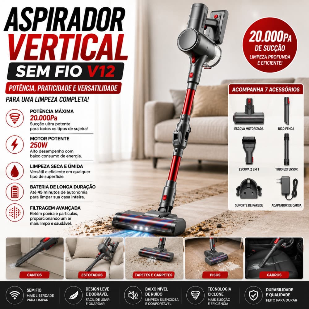 Aspirador de Pó Vertical Sem Fio V12 20000Pa Recarregável Seco e Úmido 250W com 7 Acessórios