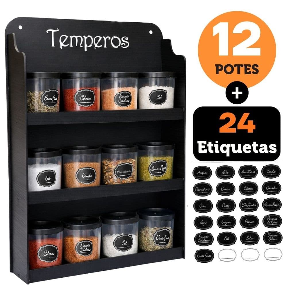 Suporte Porta Temperos Condimentos Prateleira Parede Cozinha Organizar 12 Divisórias Potes Adesivos