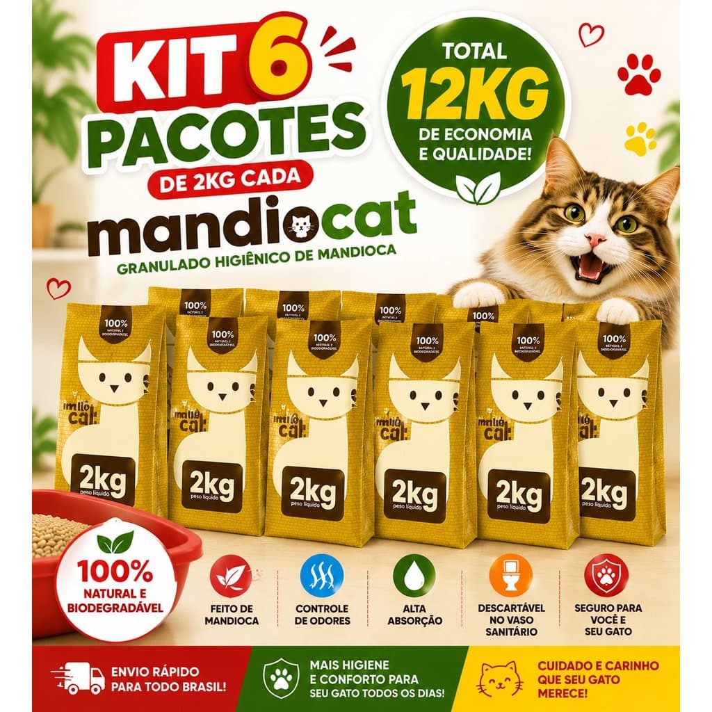 Kit 6 Areia Higiênica 12kg MandioCat Pet Gato Sanitária Biodegradável Zero Odor 100% Natural - Envio Rápido