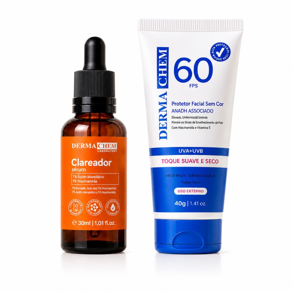 Kit Skincare  Dermachem Protetor Solar FPS 60  Mais Sérum Clareador Vitamina C Peles Oleosa Toque Seco