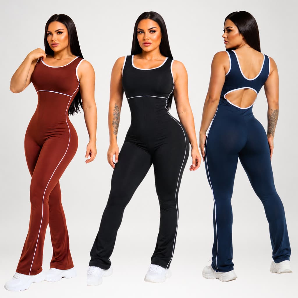 Macacão Fitness Feminino Longo Calça Flare Bailarina Costas Nuas Roupa de Academia Treino