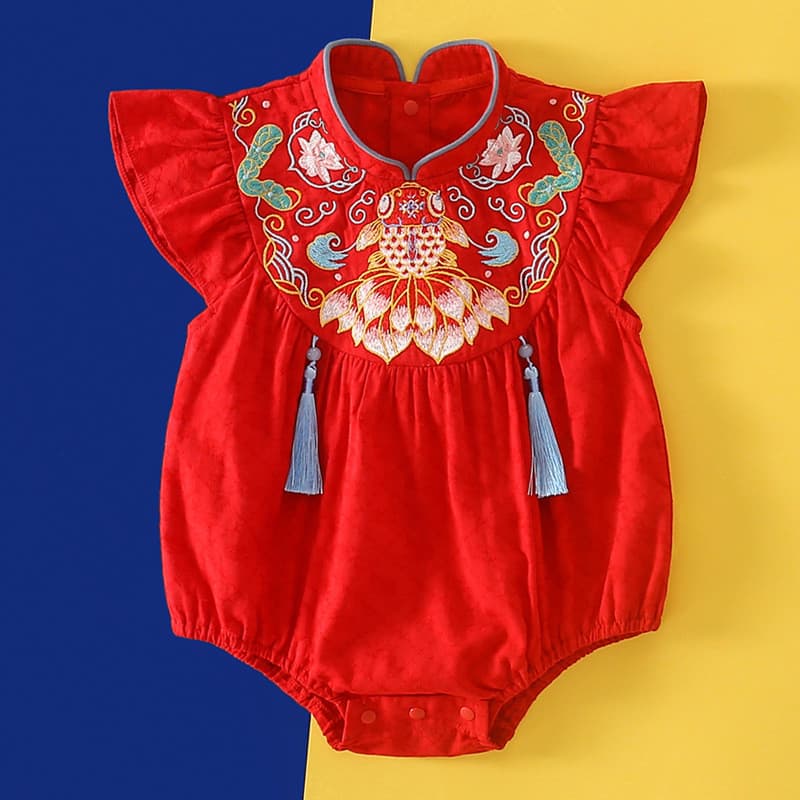 Dragão roupas de bebê vestido de um ano captura Zhou menina macacão de bebê estilo chinês roupas de verão cem dias macac
