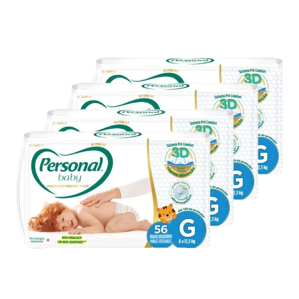 Fralda Descartável Personal Premium Hiper Tamanho G - 4 Pacotes com 56 Fraldas - Total De 224 Tiras