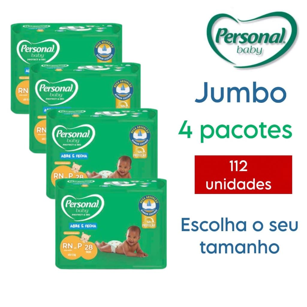 Kit 4 Pacotes Fralda Descartável Personal Baby JUMBO P,M,G,
