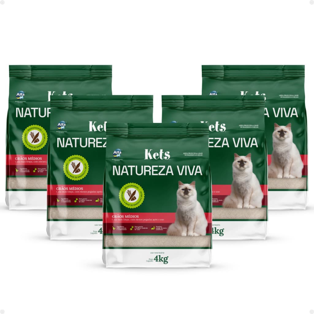 Kit 5 Areia Higiênica Sanitária Gato Mandioca Kets Natureza Viva Grãos Médios 20Kg