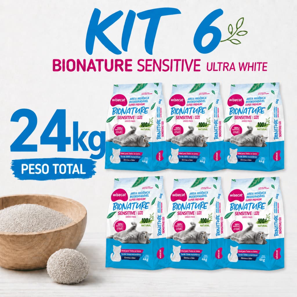 Kit 6 Areia Sanitária De Mandioca Grãos Finos Para Gatos Biodegradável Wisecat FARDO 24kg