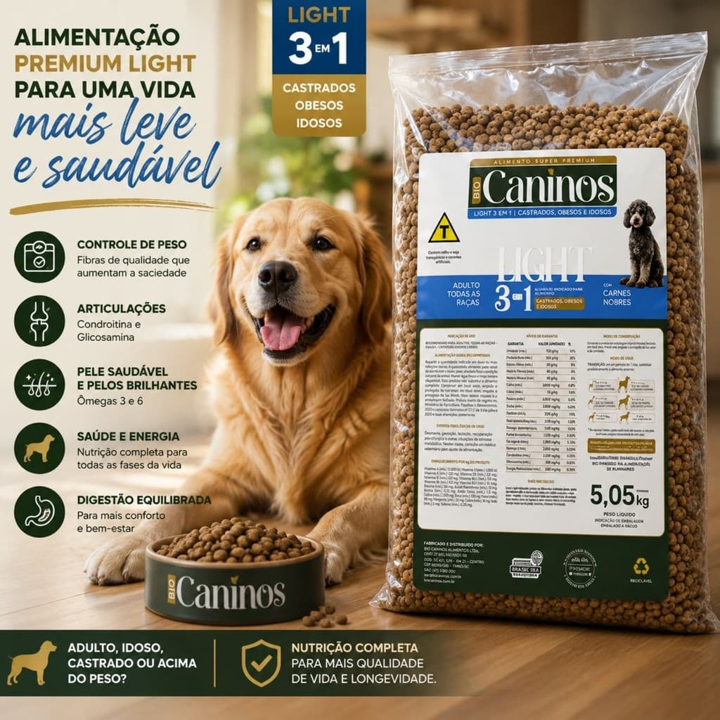 Ração Cachorro Light Idoso Obeso Velho Bio Caninos Premium Carne 25% Proteina 5kg