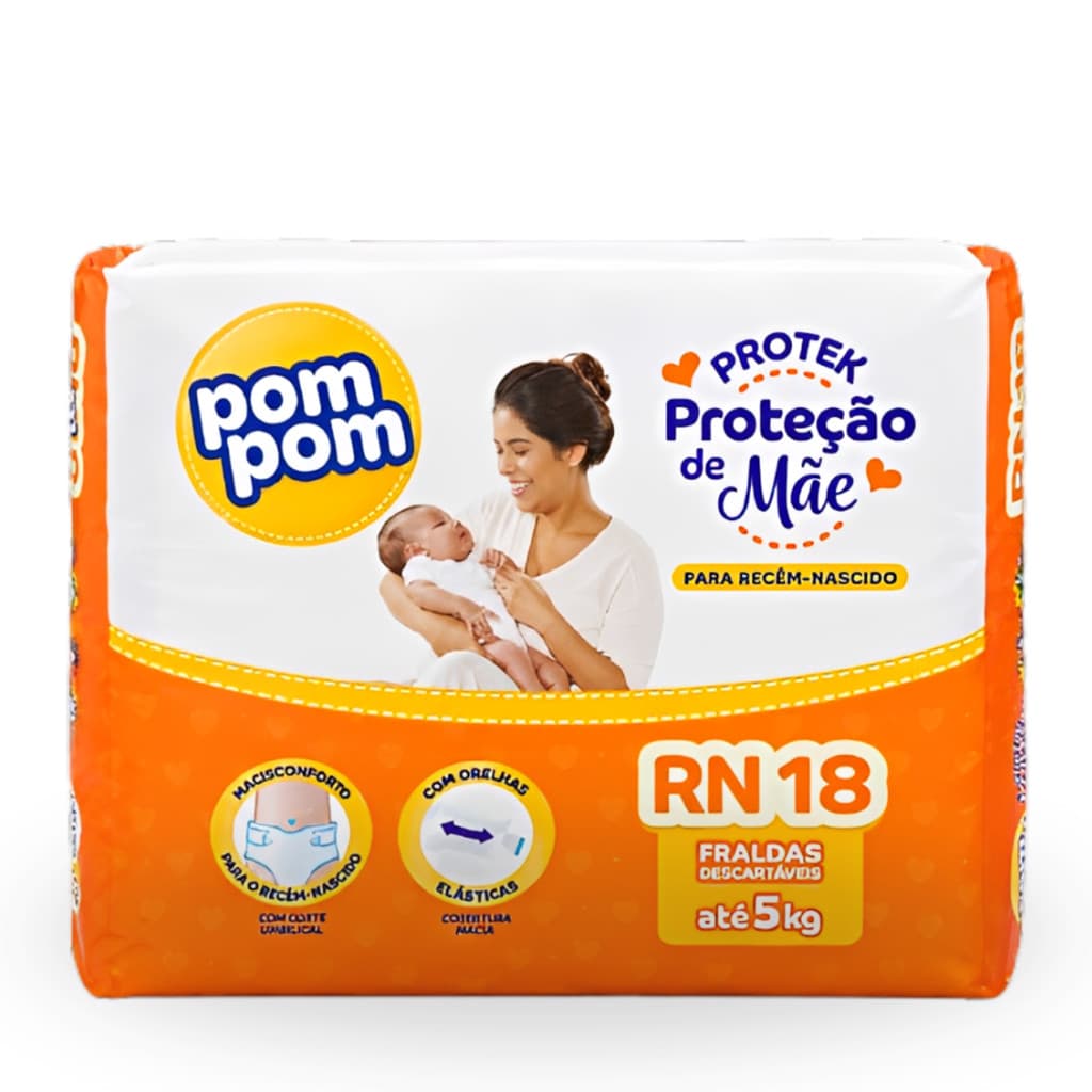 Fralda Descartável Pom Pom Protek Proteção de Mãe Recem Nascidos RN - 18 Unidades