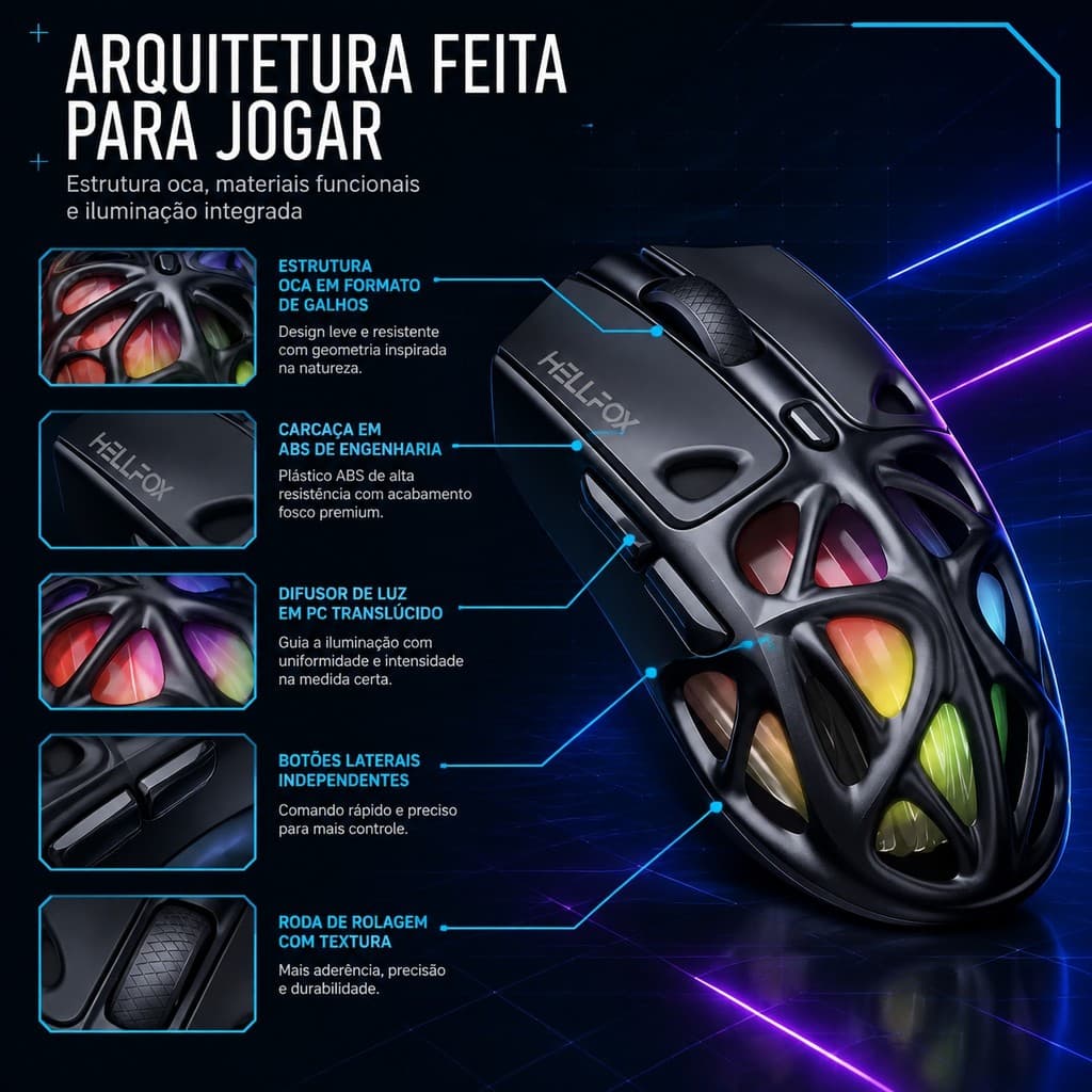 HELLFOX Mouse Gamer Sem Fio Tri Mode PAW3311 12000 DPI 70g
