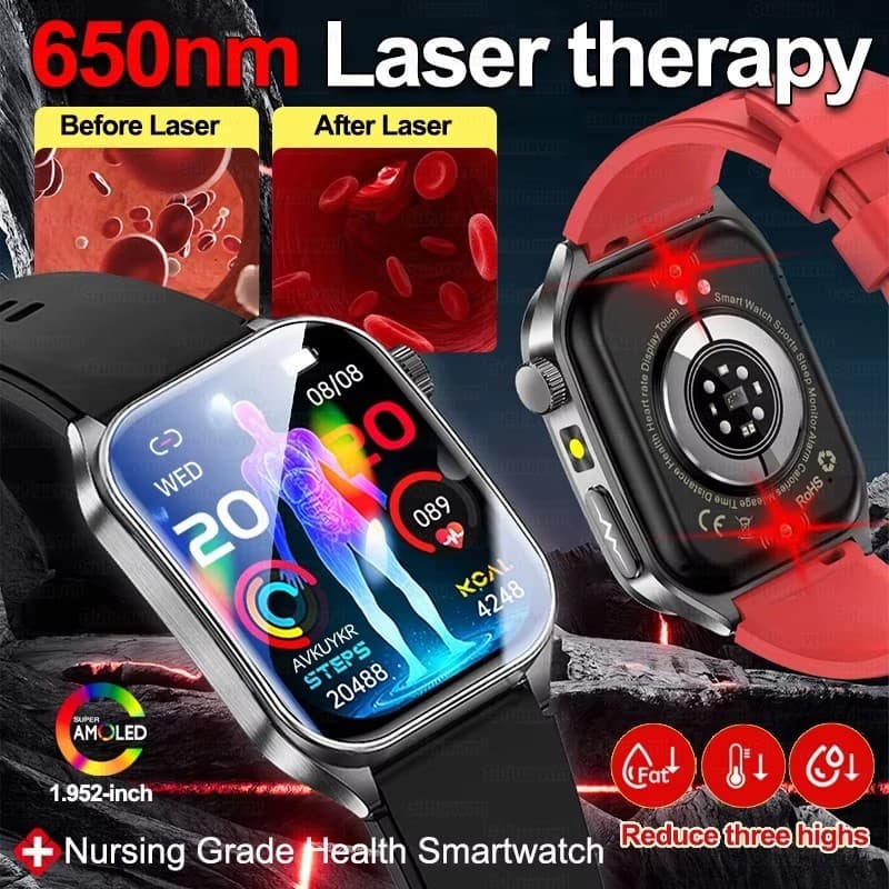 2026 Novo 650nm Terapia A Laser Gordura Arterial Ácido Úrico Pressão Smartwatch Relógio Inteligente ECG + PPG Monitor De