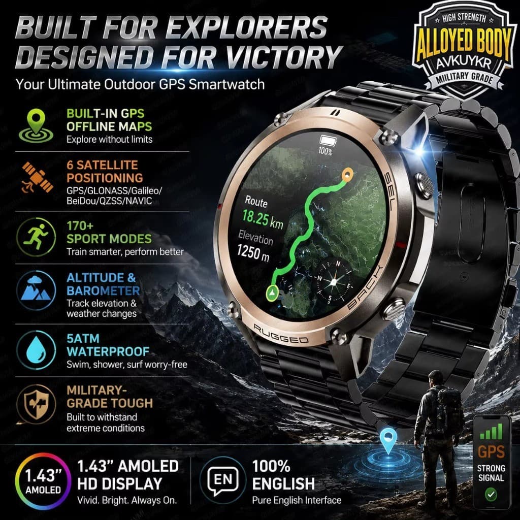 2026 GPS Tático Ao Ar Livre 1.43 " AMOLED Smartwatch Relógio Inteligente Offine Mapa Bússola Frequência Cardíaca Rastrea