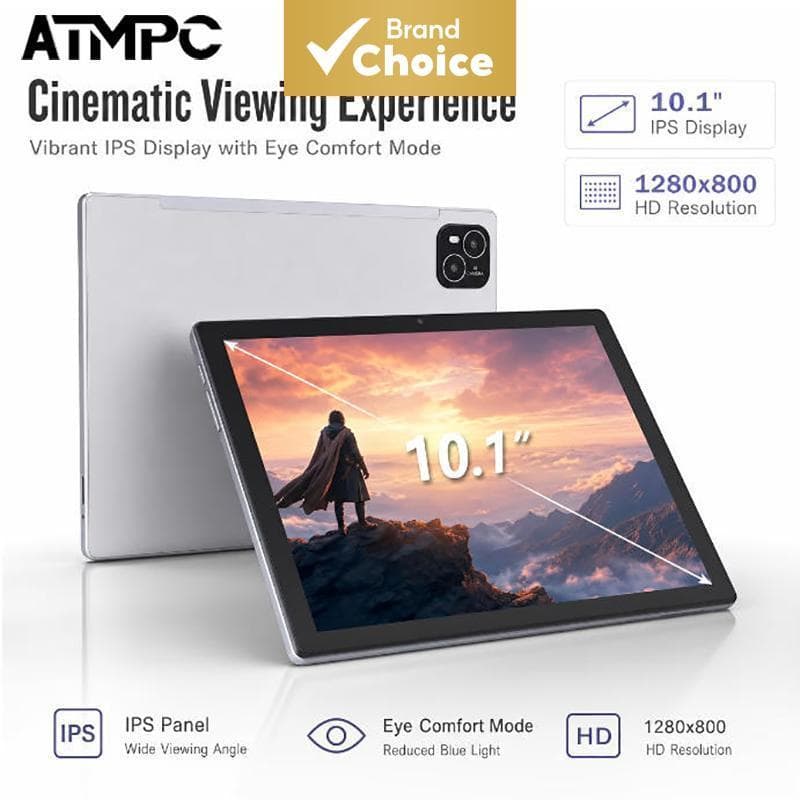 Tablet Android 10,1 pol. ATMPC, Android 14, 128 GB, tela IPS 1280×800 cuidada para os olhos, bateria 6000 mAh, Wi‐Fi 5G,