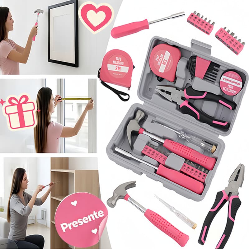 🎀Kit Ferramentas Rosa com Maleta, Kit Completo para Reparos Domésticos Ideal para Presente