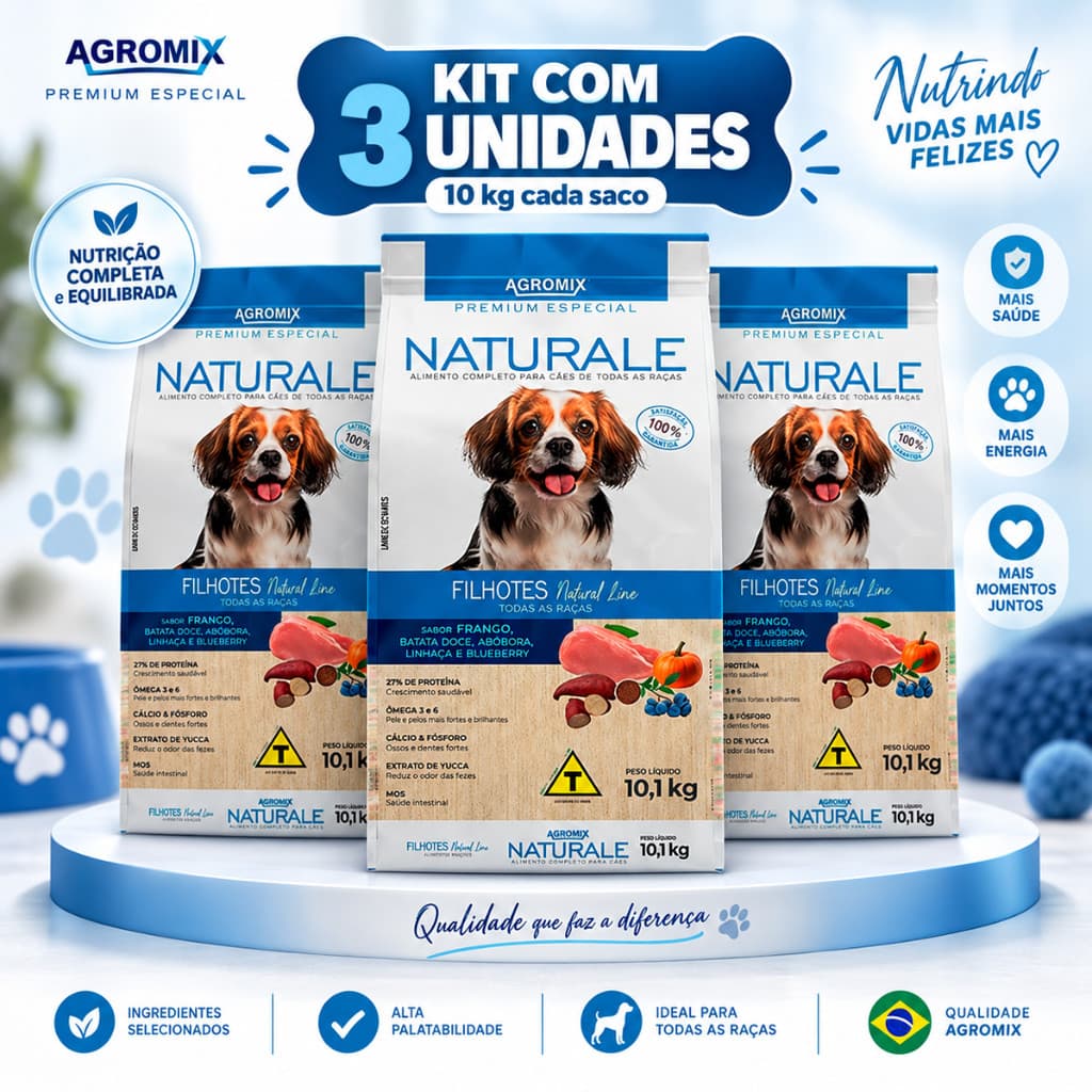 KIT 3 RAÇÃO CACHORRO FILHOTE NATURALE PREMIUM 10,1 KG