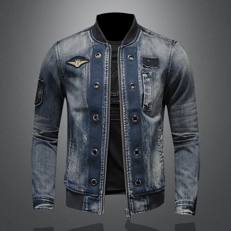 2025 primavera outono gola vôo crachá zíper denim jaqueta juventude Retro jaqueta uniforme de beisebol masculino jaqueta