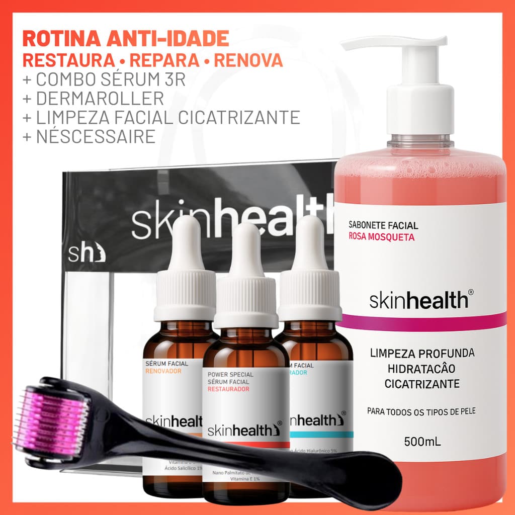 Rotina Facial Anti-Idade Skinhealth 3 Séruns 30ml + Dermaroller + Sabonete Rosa Mosqueta 500ml + Nécessaire