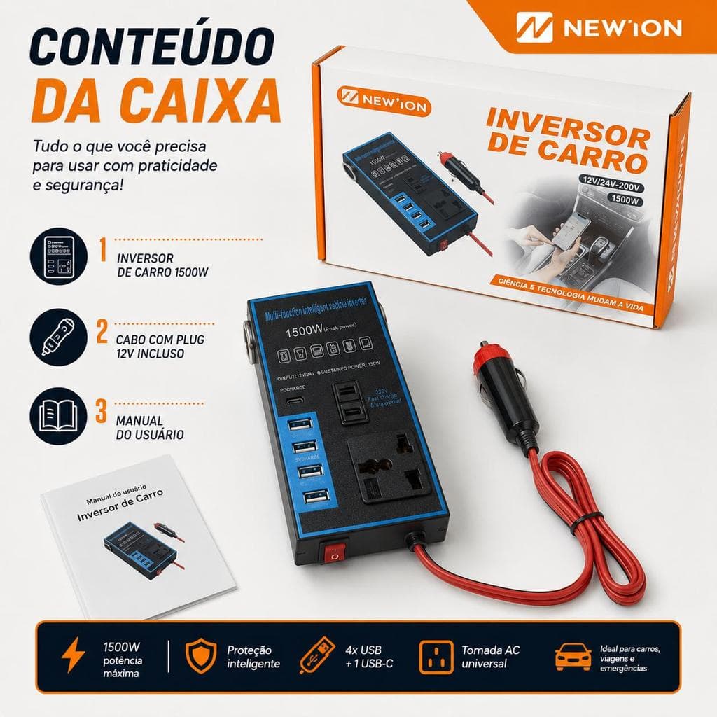 Inversor de Energia Veicular 1500W Real 12V/24V para 220V com 4 USB + USB-C Carregador para Carro
