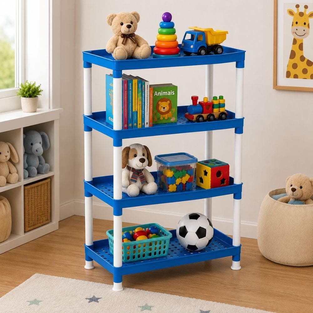 PRATELEIRA 4 ANDARES INFANTIL ESTANTE MULTIUSO AZUL ORGANIZADORA PLASTICA PORTA BRINQUEDOS LIVROS MULTIUSO ESCOLAR
