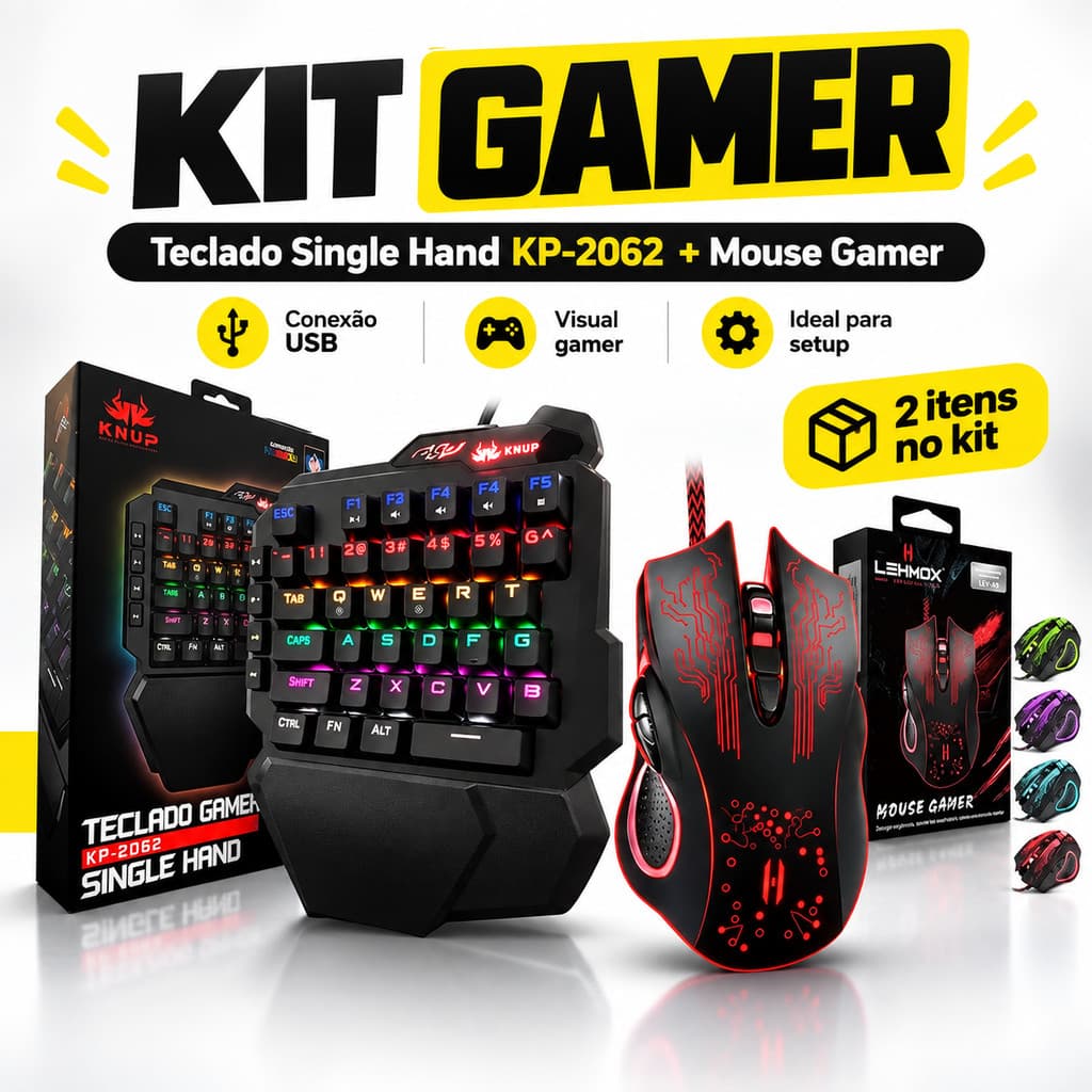 Kit Gamer Teclado One Hand RGB + Mouse Gamer USB Com Fio Para PC Notebook