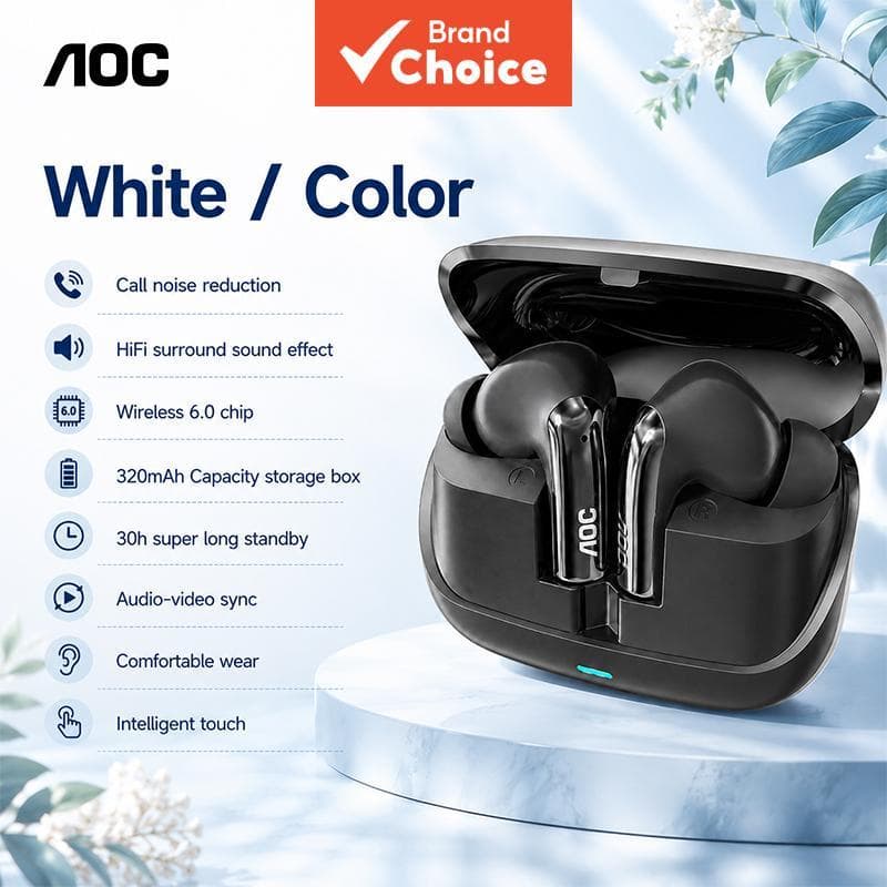 AOC ACT4635 Fones de ouvido Bluetooth, som envolvente, 6.0 sem fio, 4h, fones com cancelamento de ruído e conforto