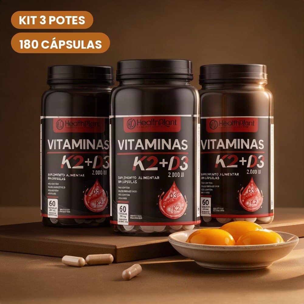 Suplemento Vitamina K2 + Vitamina D3 2000 UI Kit 3 Potes 180 Cápsulas 500mg