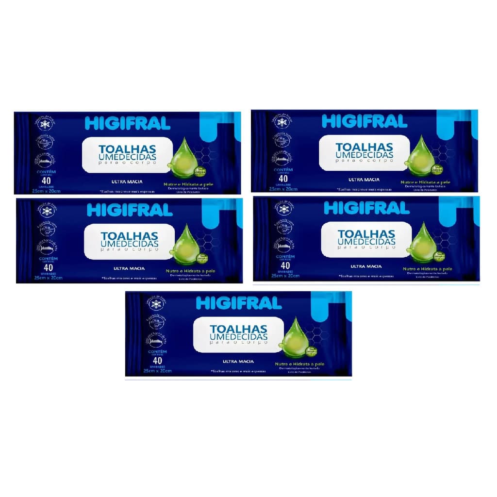Kit 5x Toalhas Umedecidas Uso Adulto 25 X 20 Cm Higifral
