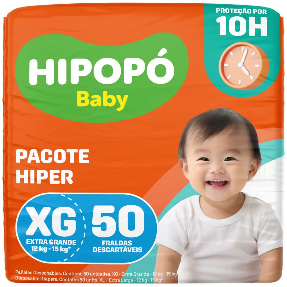 Fralda Hipopó Baby Tamanho XG Pacote Hiper 50 Unidades Descartáveis