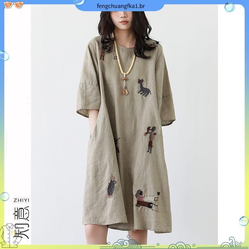 Plus Size vestido de verão feminino vestido feminino verão camiseta vestido de algodão linho estilo chinês pequeno vesti