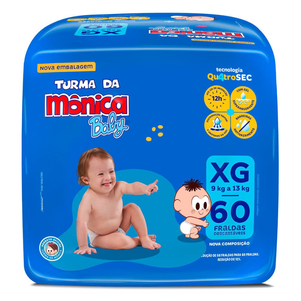 Fralda Turma da Mônica Baby Qu4troSEC Tamanho XG 60 Unidades Descartáveis