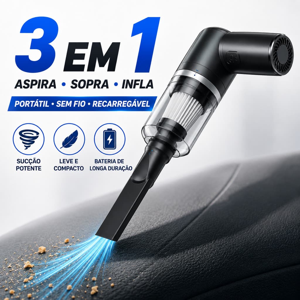 Aspirador de Pó Portátil 3 em 1 USB Recarregável sem Fio para Carro, Casa e Teclado