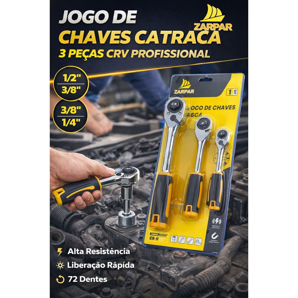 Jogo Chaves Catraca Zarpar 3 Peças CRV Profissional Mecânico Forte