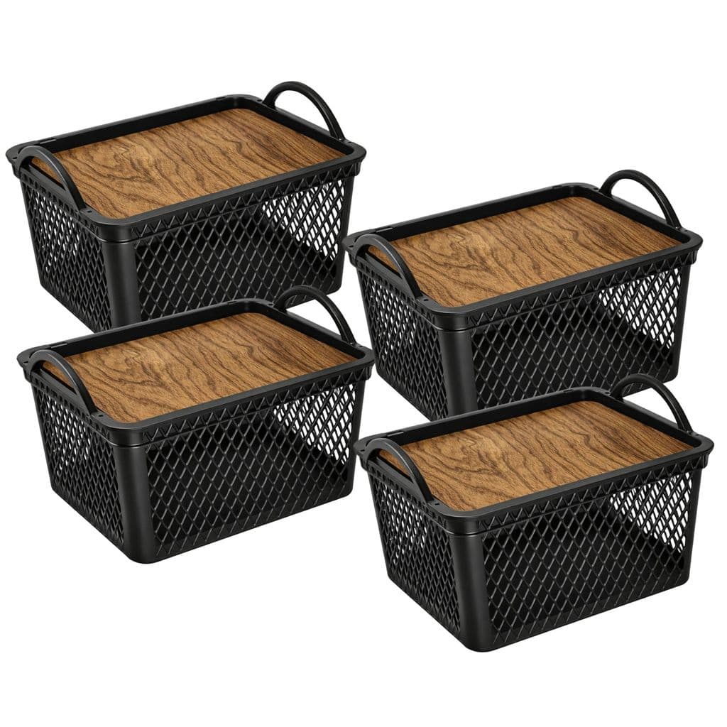Kit 2/4/6 Cesto Organizador Multiuso Telado 8L Tampa Madeira Alça Banheiro Lavanderia Antimofo Caixa
