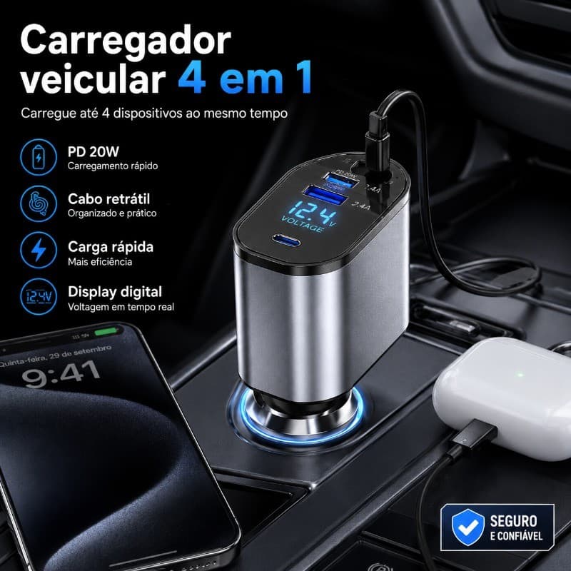 Carregador De Carro Rápido 4 Em 1 Retrátil Para IPhone E Android Carga Super Rápida De 120W Cabo Carregamento Retrátil