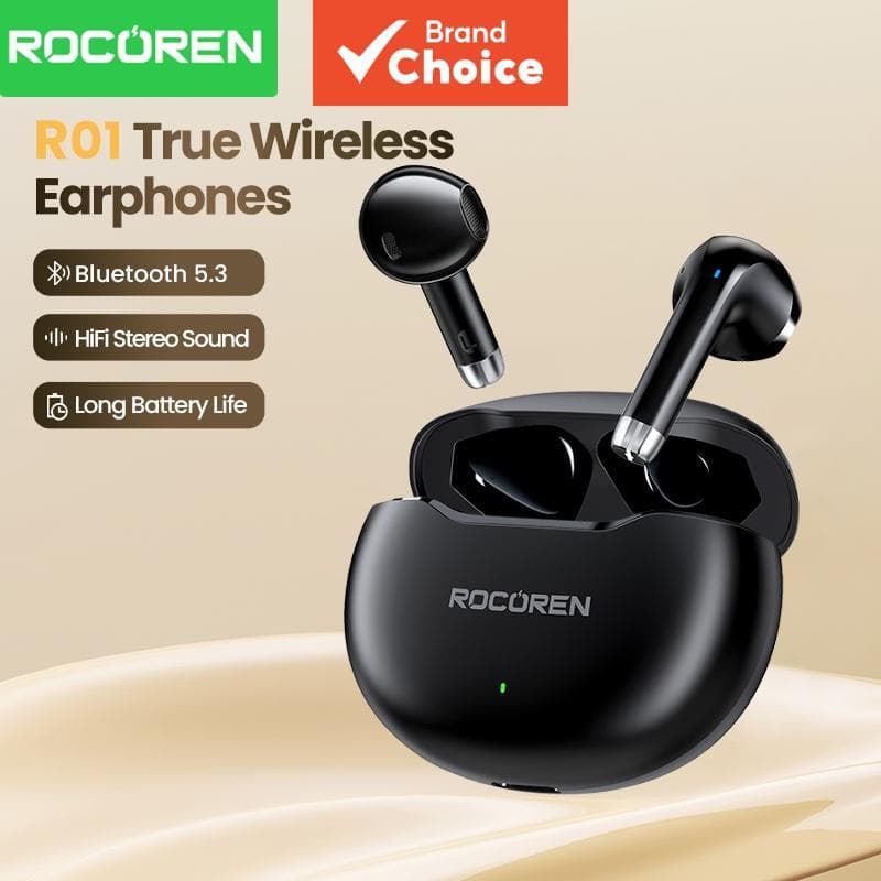 Rocoren R01 Fones de ouvido sem fio, Bluetooth TWS, fones de ouvido estéreo HiFi de longa duração, fones de ouvido