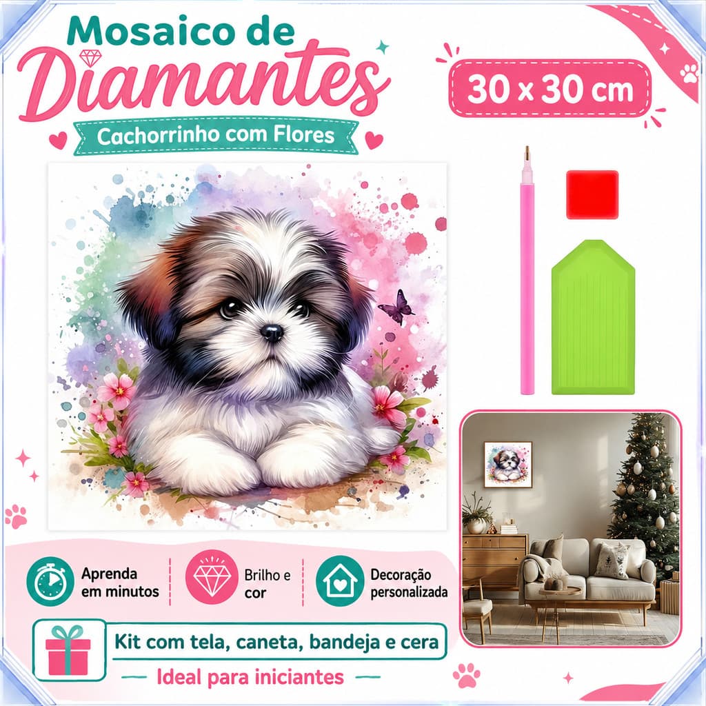 Pintura de Diamante 5D Cachorro e Flores Fofo 30x30cm, Decoração de Parede
