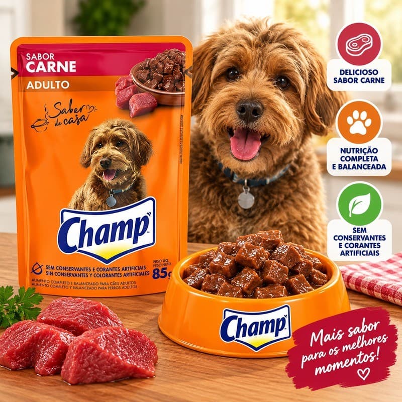 Ração Úmida Champ Sachê para Cães Adultos Sabor Caseiro Carne 85g Kit 40 Sachês Ração para Cachorro Adulto