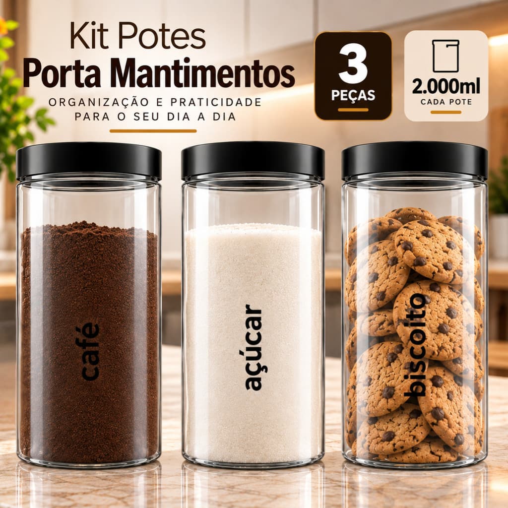 Kit Organizadores De Mantimentos Café Biscoito Açúcar 2L Multiuso Cozinha