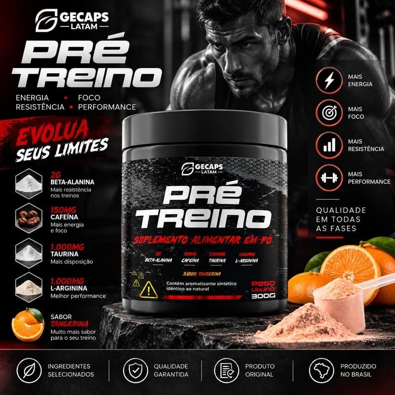 Pré Treino 300g Sabor Tangerina - Beta-Alanina Cafeína Taurina L-Arginina GL Suplemento Alimentar em Pó |
