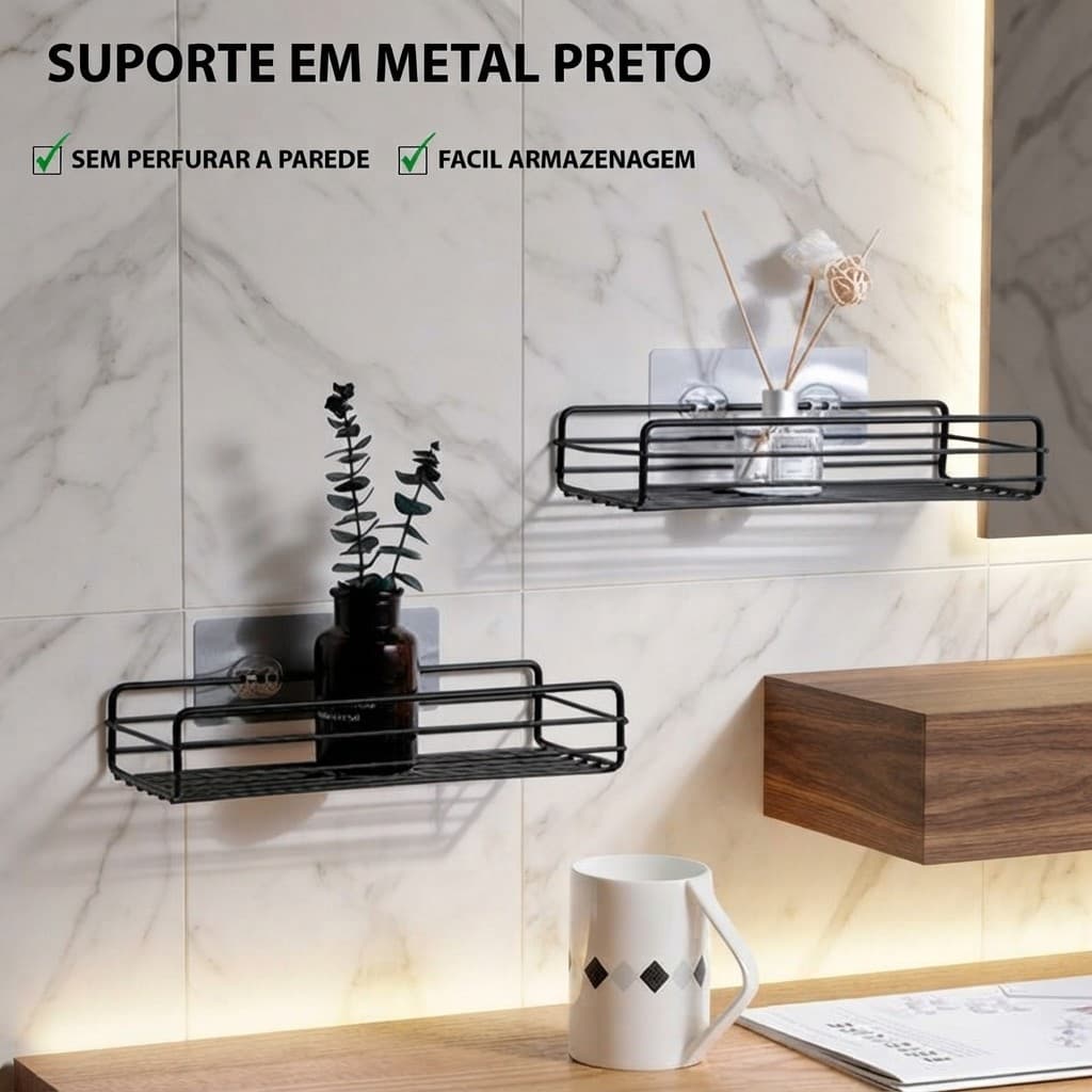 Prateleira Banheiro Sem Furo Suporte Organizador de Parede Metal Aramado Porta Shampoo Condicionador Espaço Box