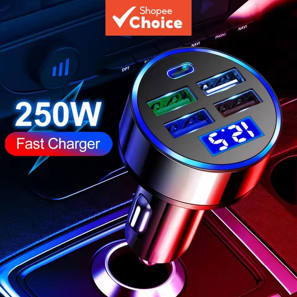 Carregador Veicular USB de 69W com 5 Portas - Adaptador de Carregamento Rápido de Alta Potência para iPhone Samsung