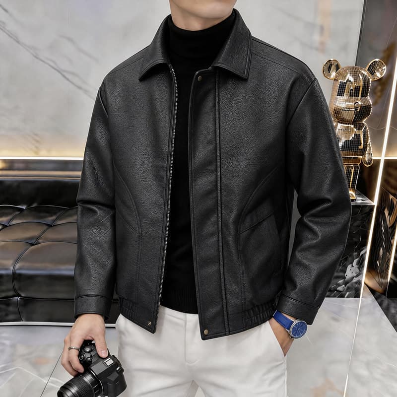 Jaqueta de couro de lapela preta masculina Slim-fit All-match estilo motocicleta jaqueta moderna Popular jaqueta de lape