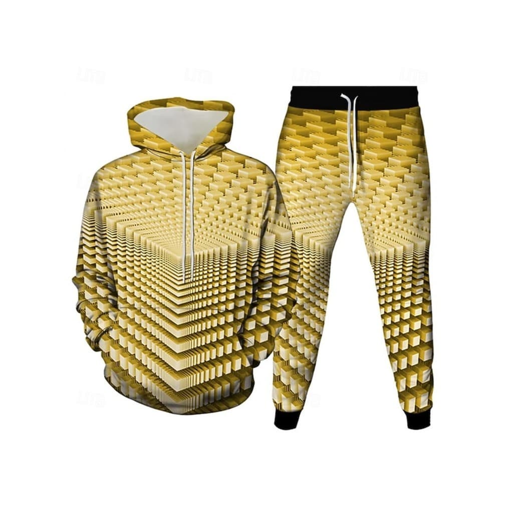 Conjunto de 2 peças de ilusão Visual geométrica masculina Conjunto de moletom 3D Moletom com capuz Calças de manga compr