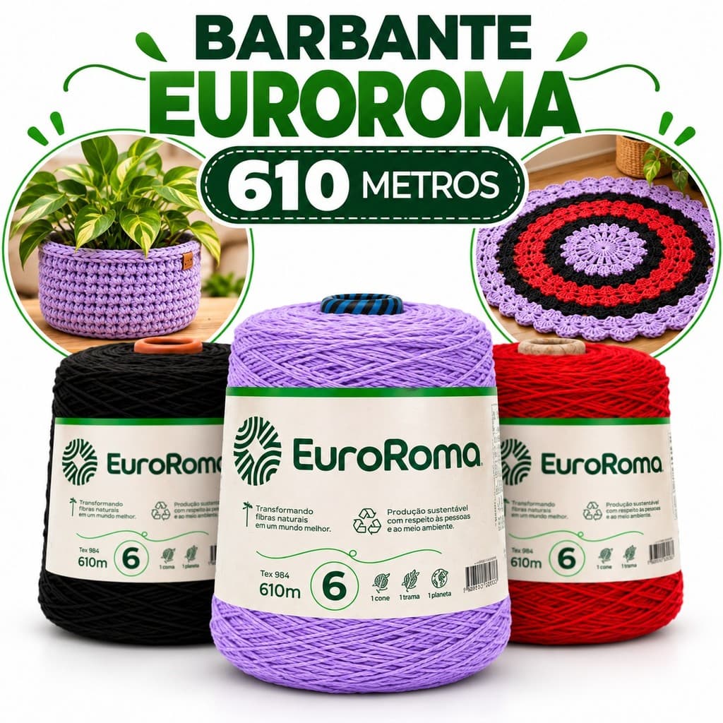 Barbante Colorido para Crochê Tricô Macramê Tear Tapeçaria e Artesanatos EuroRoma 6 600g 610m