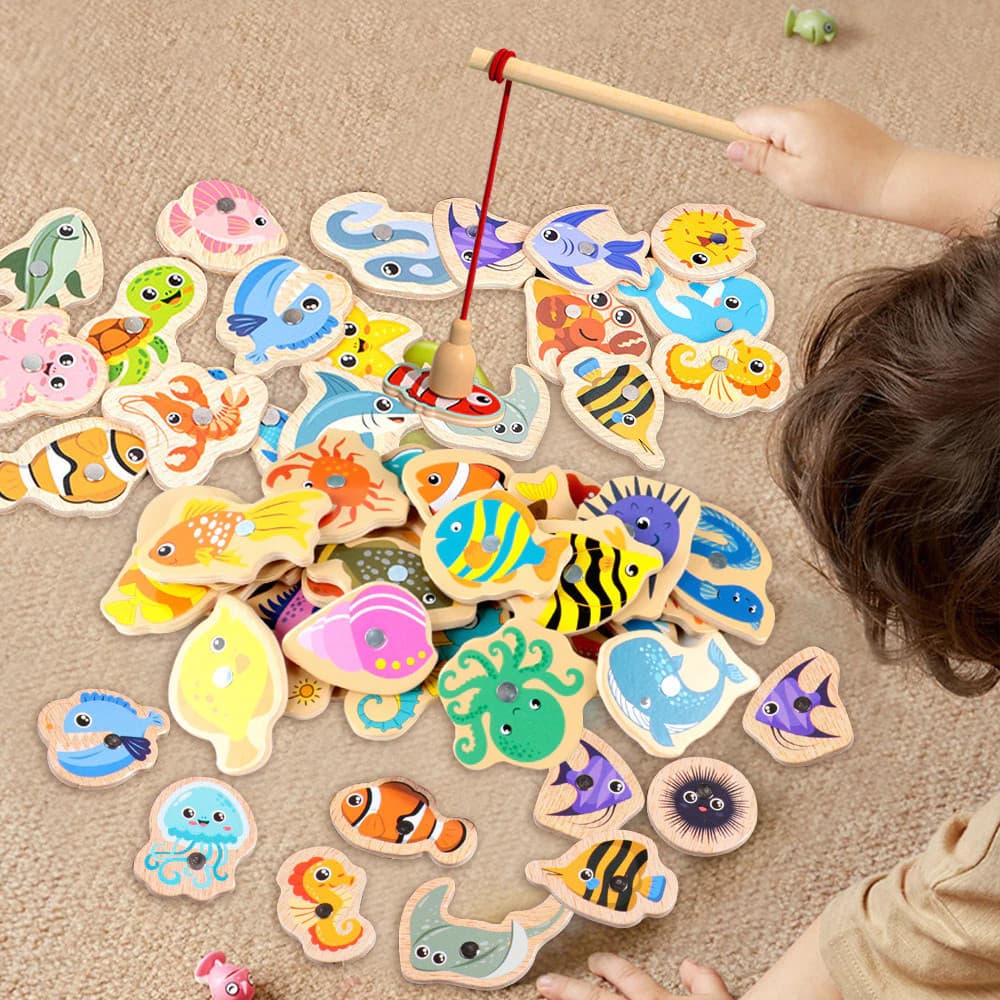 33 Peças Brinquedos De Pesca De Madeira/Jogos Educacionais Para Crianças Montessori/pesca peixe brinquedo