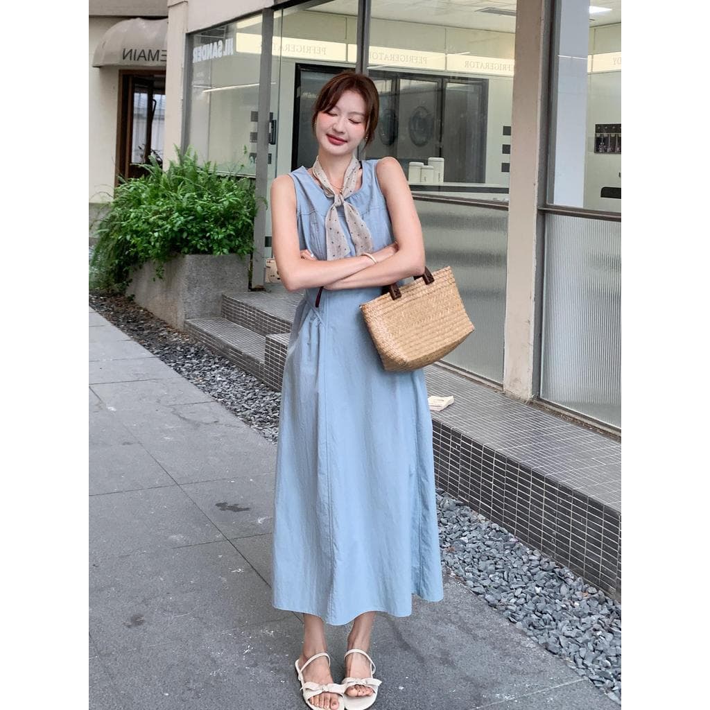 Francês High-End fita azul sem mangas vestido feminino verão 2025 novo estilo Super bonito único lindo vestido longo